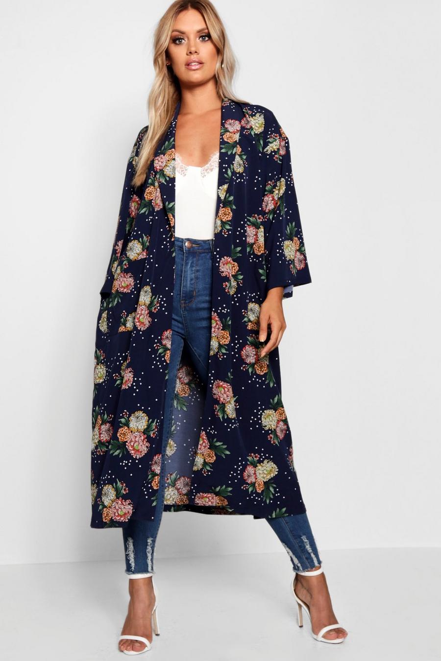 Plus giacca spolverino a kimono con stampa fiori e stelle, Blu oltremare image number 1