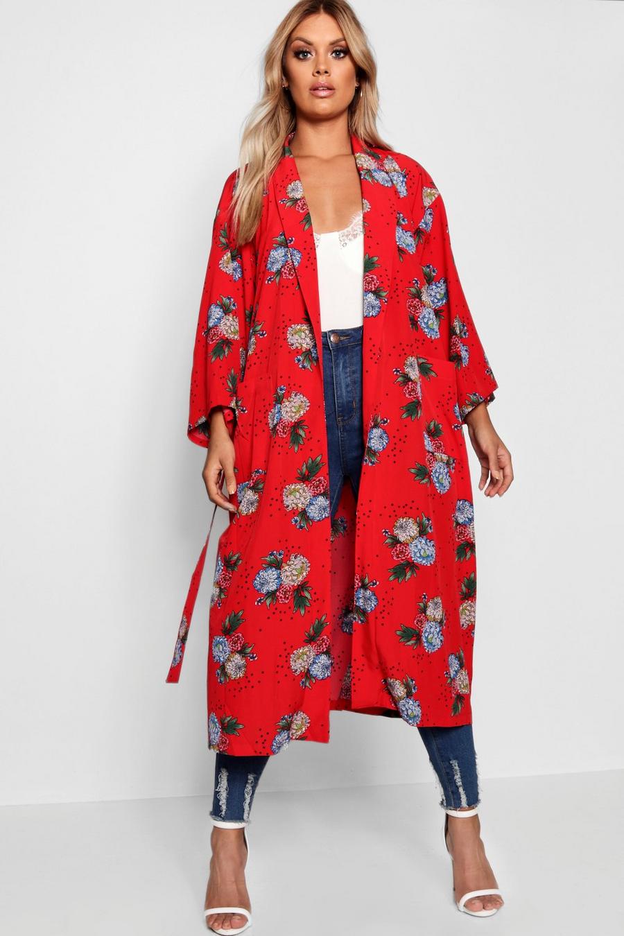 Plus giacca spolverino a kimono con stampa fiori e stelle, Rosso image number 1