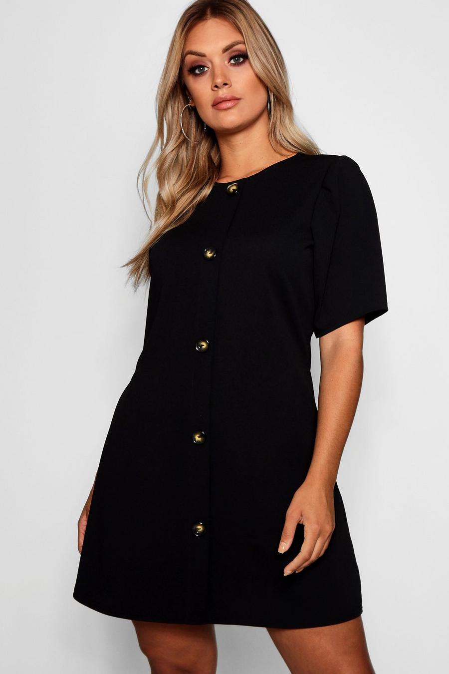 Plus Crepe Horn Button Puff Sleeve Shift Dress image number 1