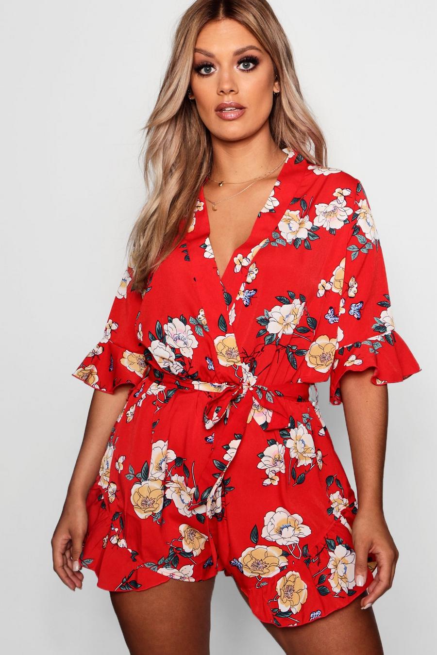 Red rot Plus Floral Printed Ruffle Hem Playsuit