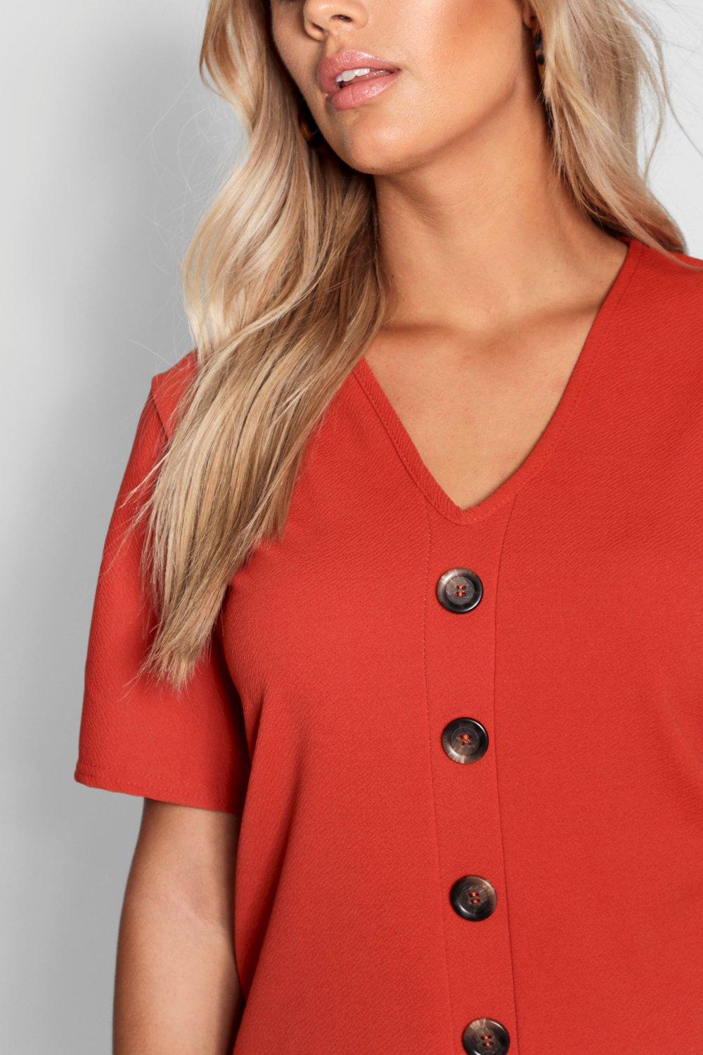 Robe droite col en V et boutonnee devant Plus
