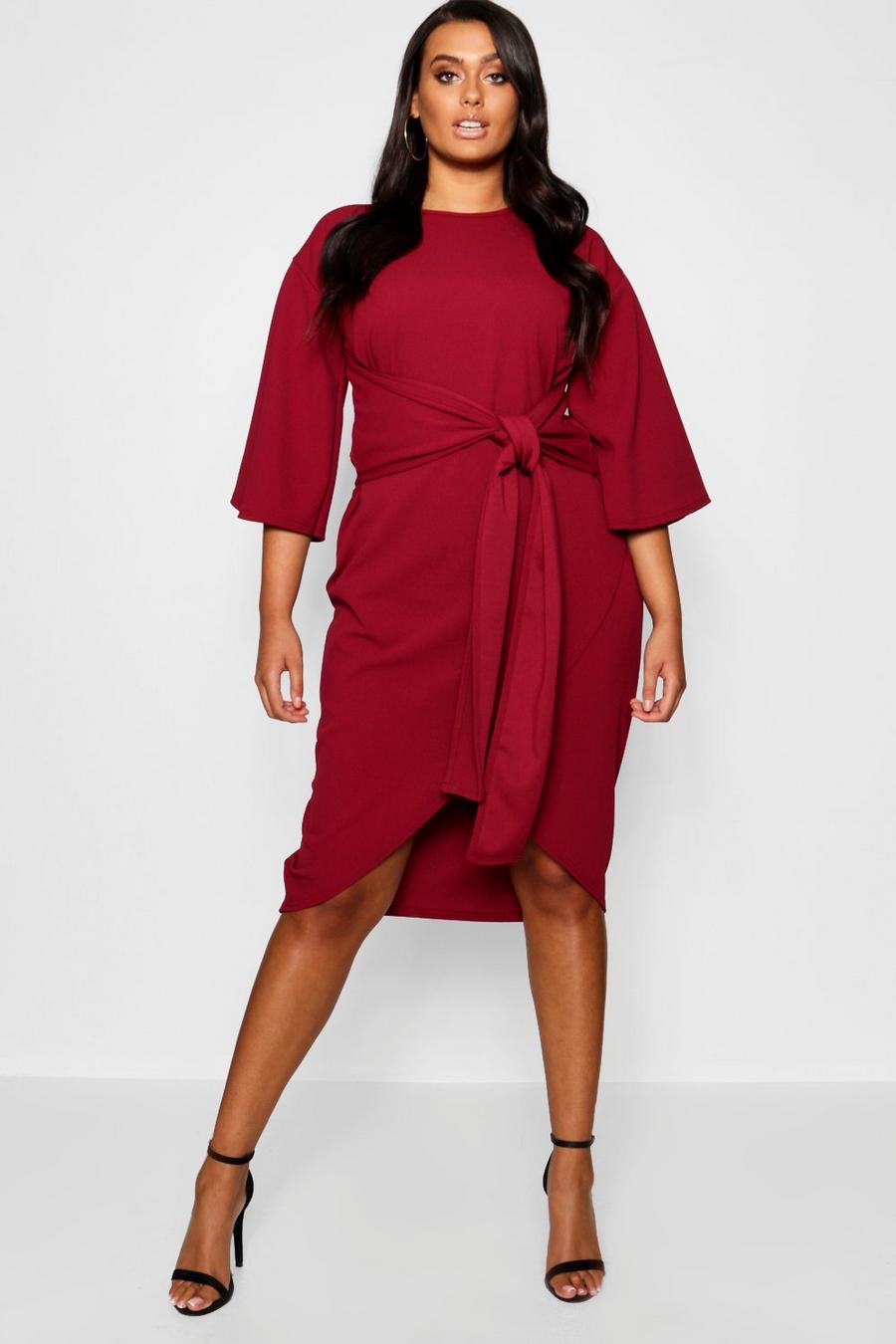 Berry Plus Kimono Sleeve Wrap Over Midi Dress image number 1