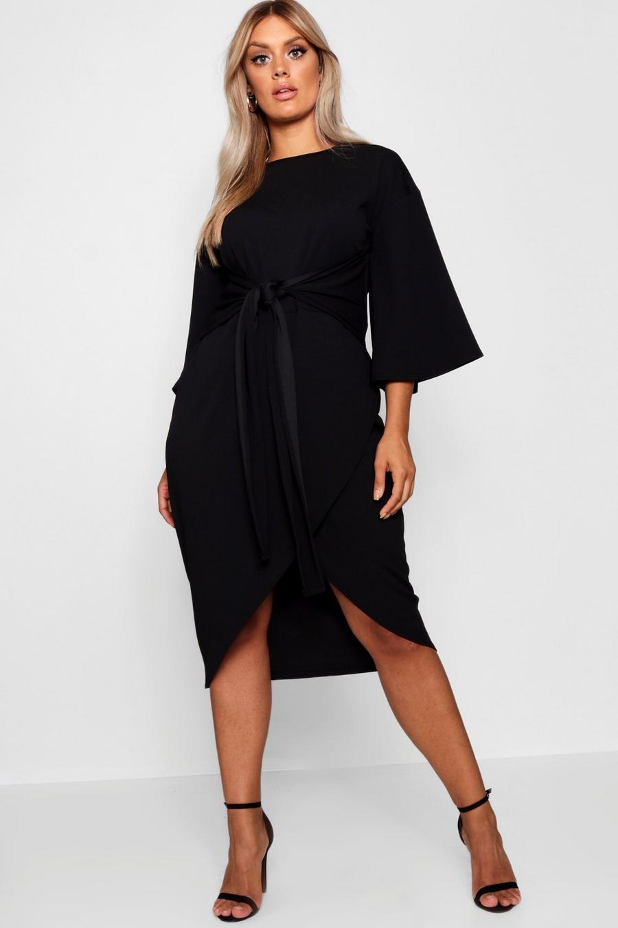 Black Plus Kimono Sleeve Wrap Over Midi Dress
