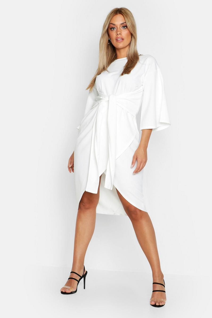 Ivory Plus Kimono Sleeve Wrap Over Midi Dress image number 1