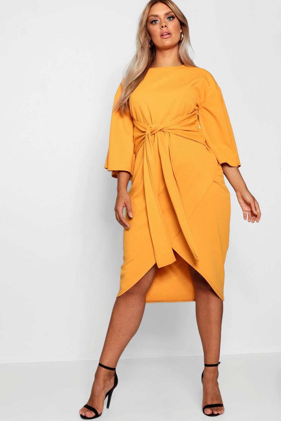 Mustard Plus Kimono Sleeve Wrap Over Midi Dress image number 1