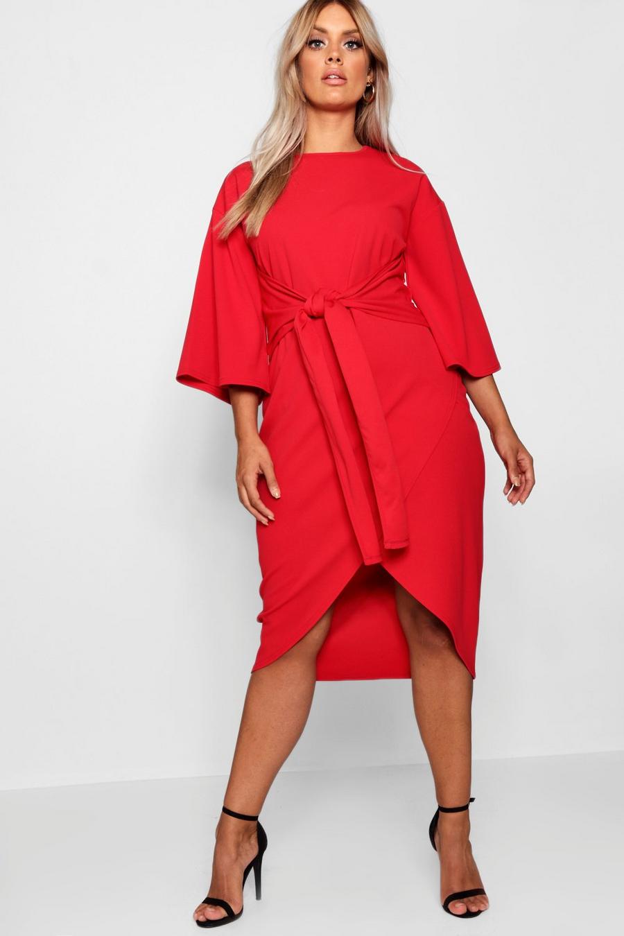 Red Plus Midiklänning i omlottmodell med kimonoärm image number 1