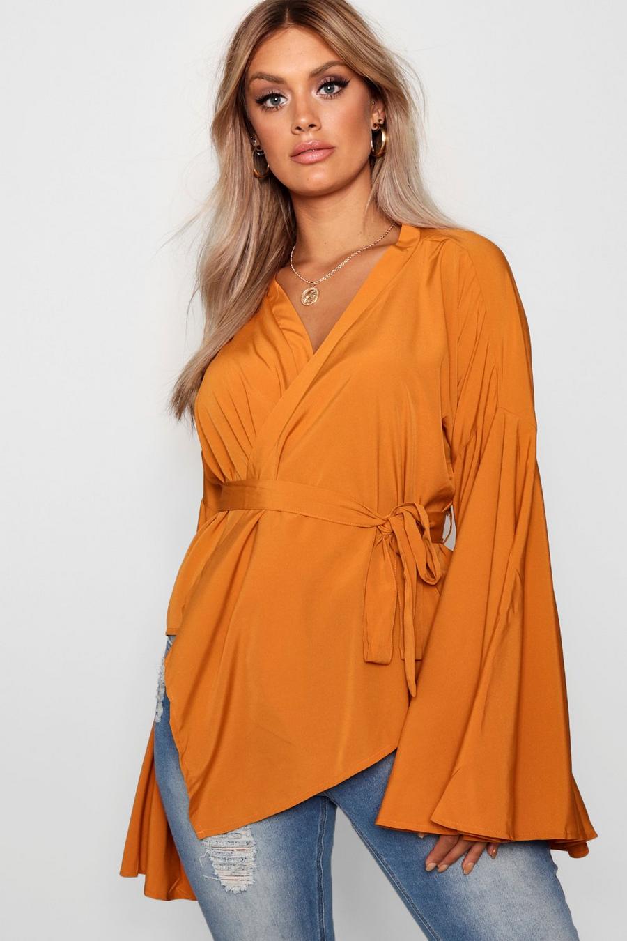 Blusa scaldacuore Plus Size con maniche ampie e laccetti, Ambra arancio
