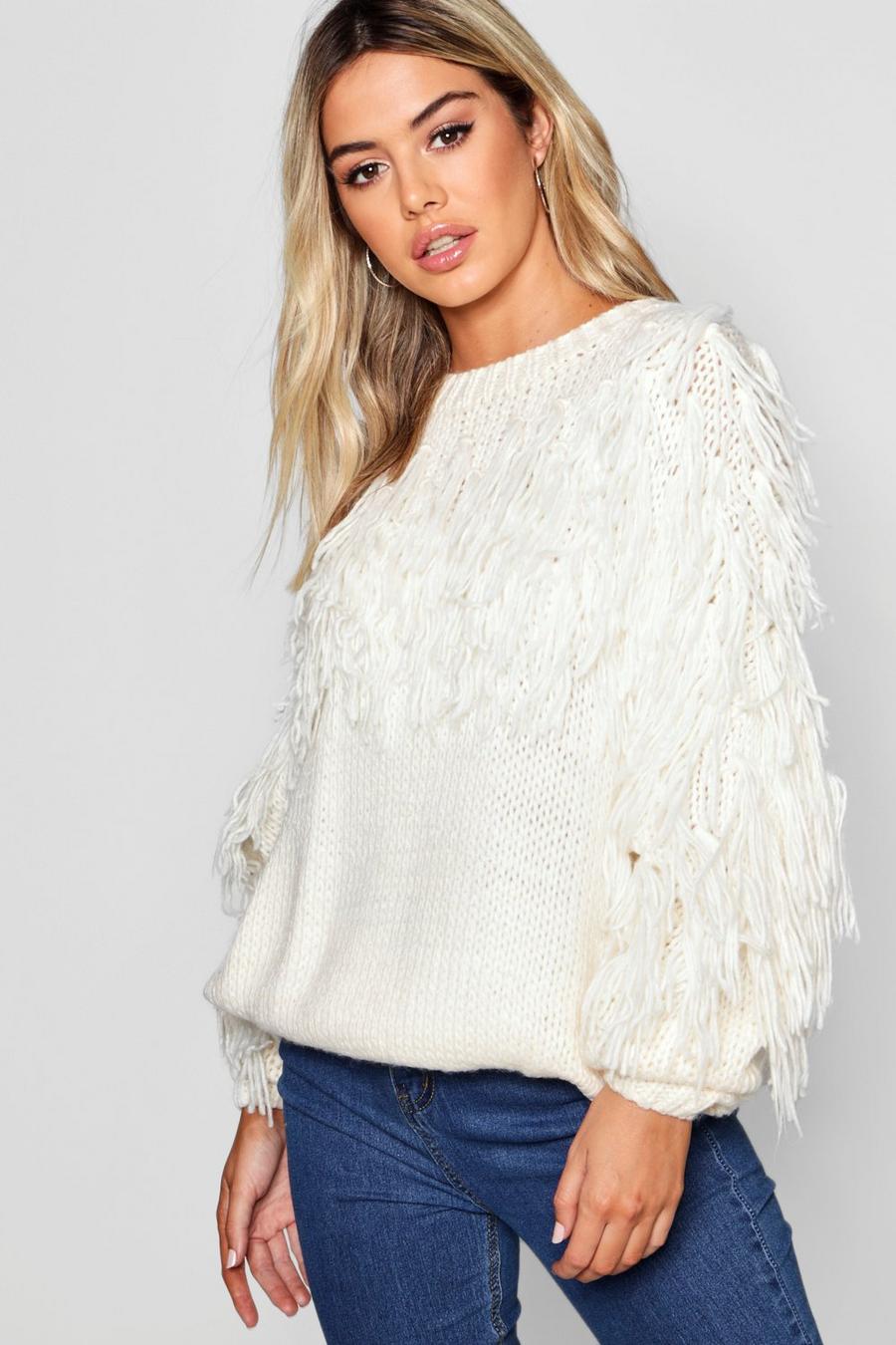 Cream Petite Fringe Knitted Sweater image number 1