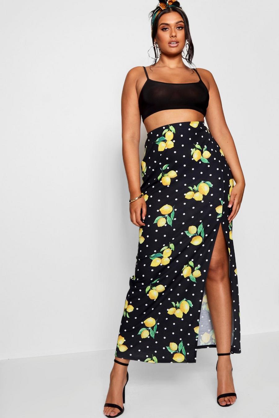 Black Plus Lemon Polka Dot Print Maxi Skirt image number 1