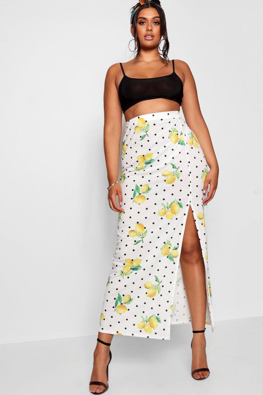 White Plus Lemon Polka Dot Print Maxi Skirt image number 1