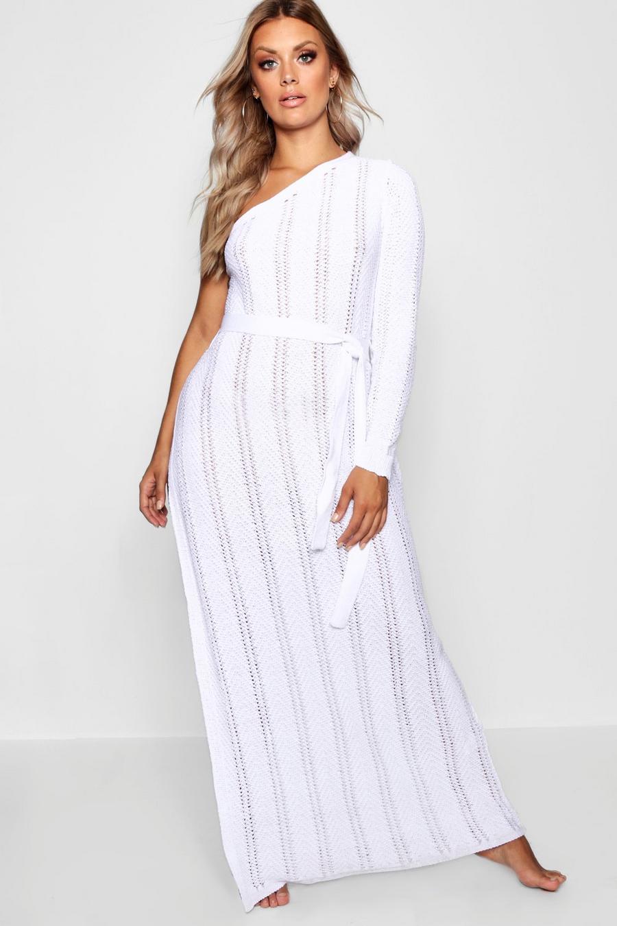White Plus One Shoulder Crochet Beach Dress image number 1