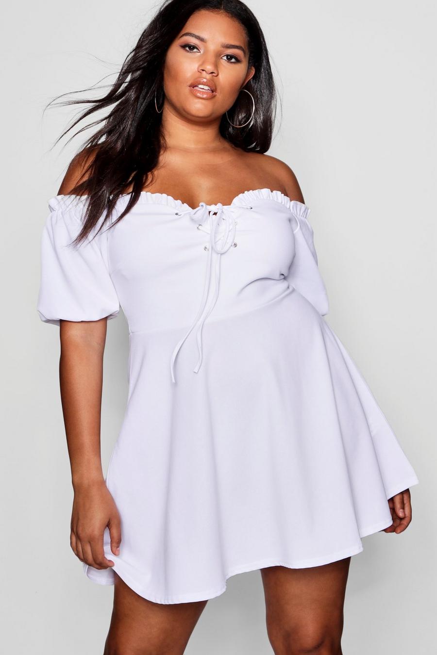 Plus Lace Up Front Puff Sleeve Skater Dress image number 1