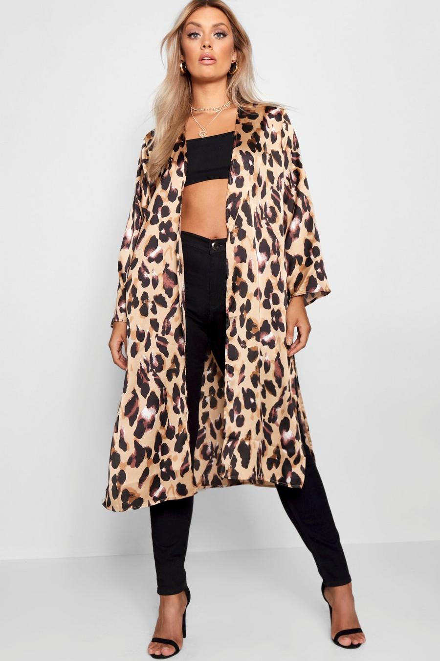 Grande taille - Kimono satiné à imprimé léopard, Marron brown