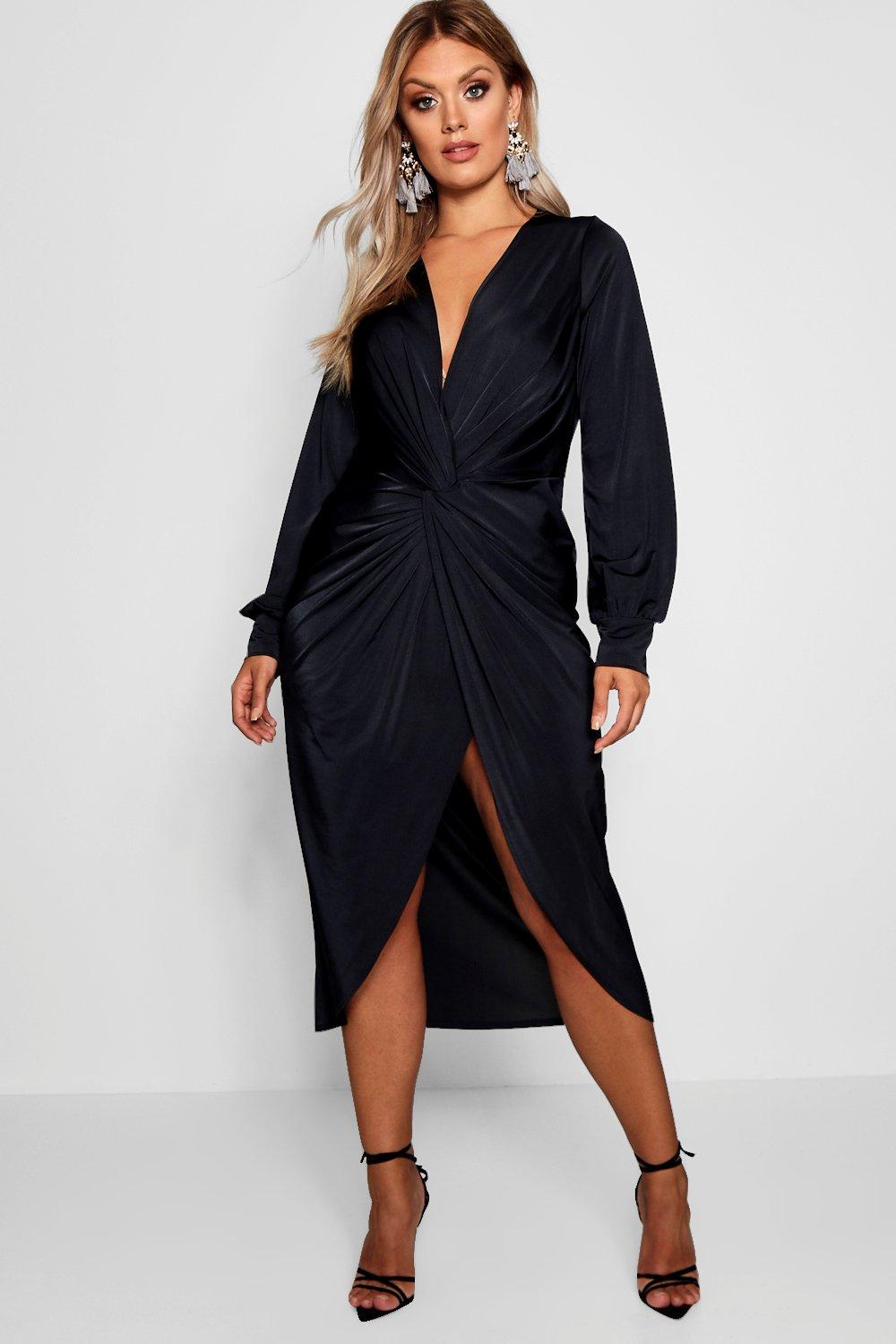 twist front plunge slinky midi dress