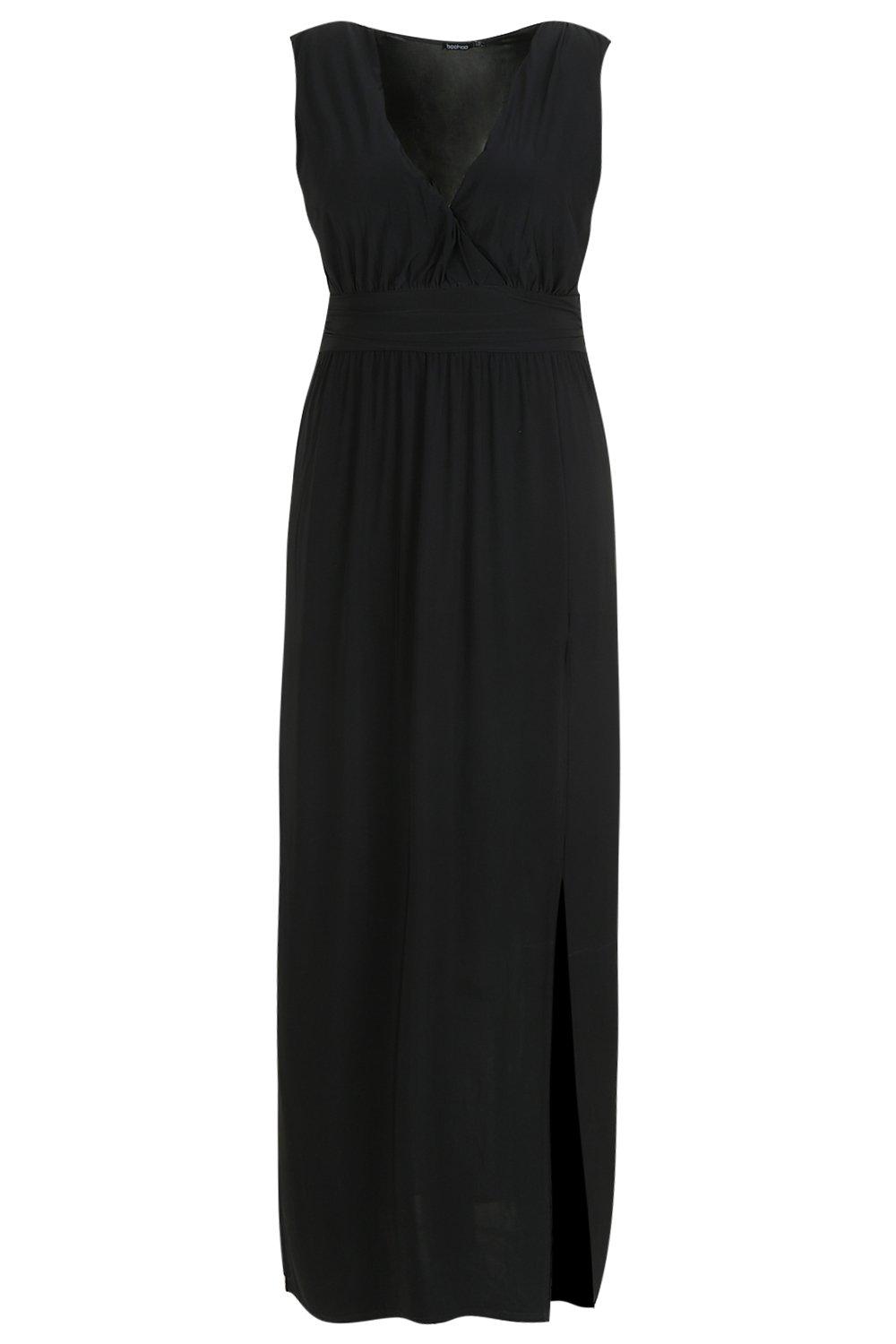 High Split Plunge Neck Maxi Dress in Black