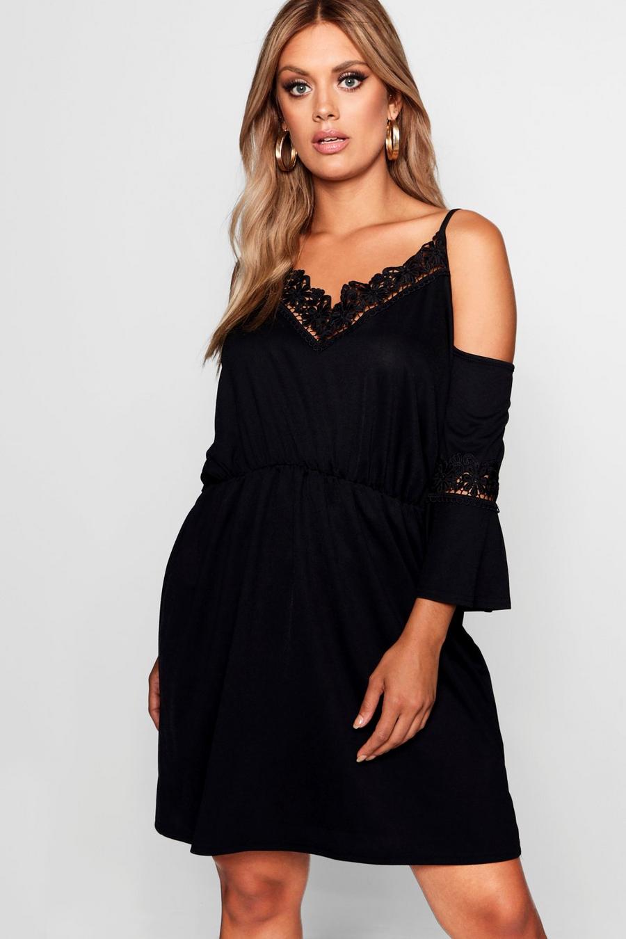 Black Plus Open Shoulder Crochet Dress