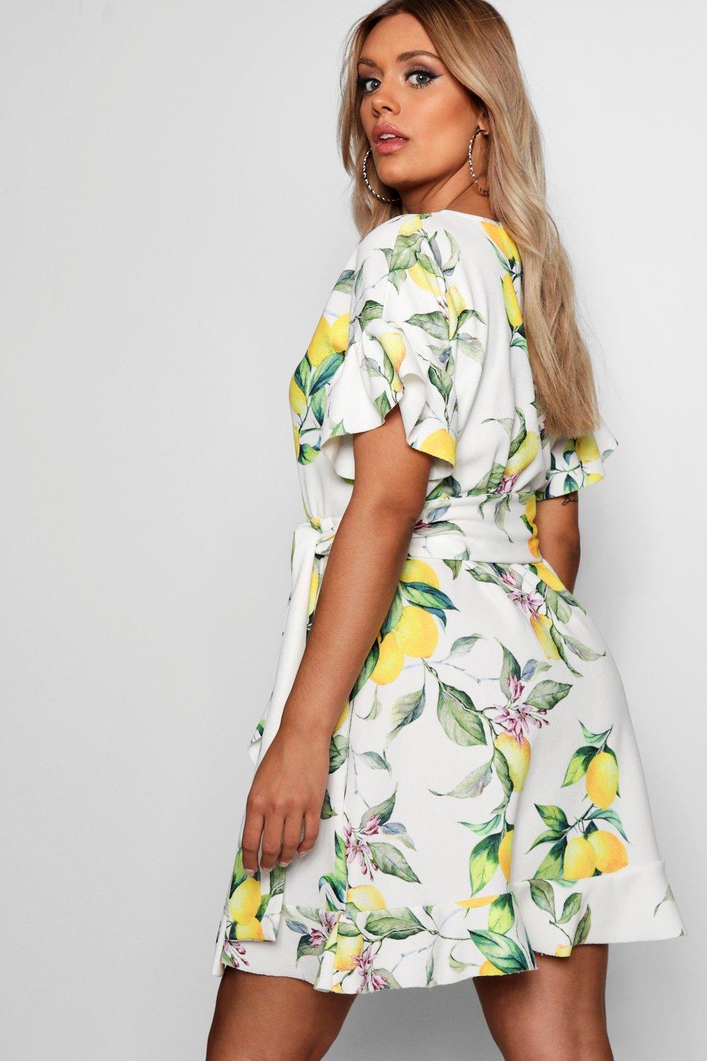 Plus Lemon Print Ruffle Wrap Dress | boohoo