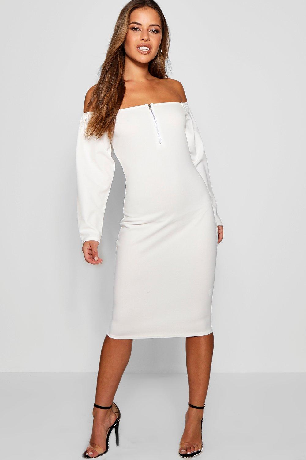 white long sleeve bardot dress