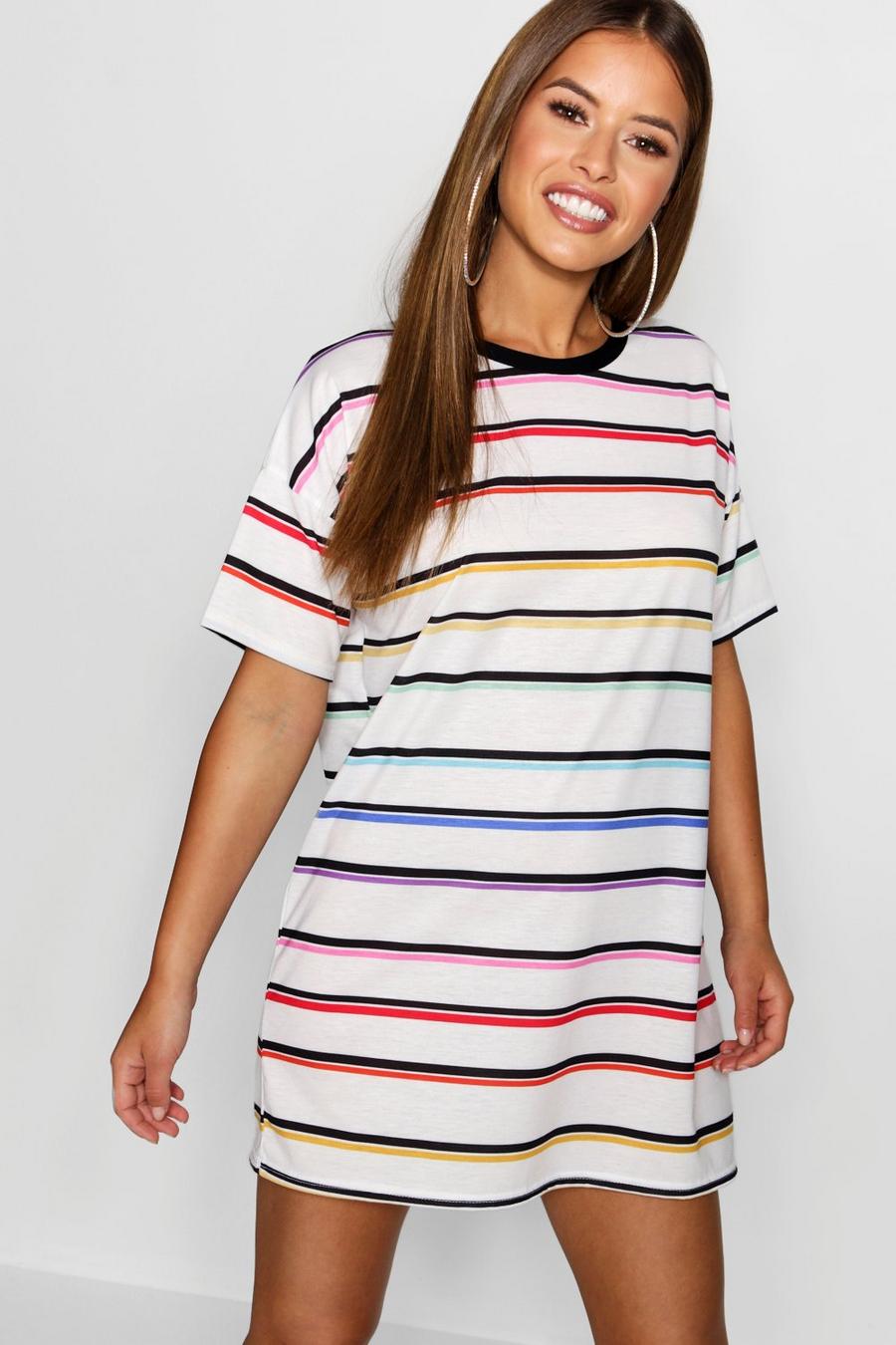 Petite White Rainbow Striped T-Shirt Dress image number 1