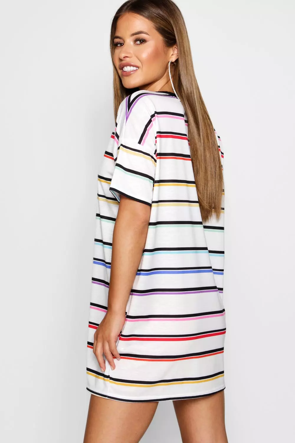 Petite White Rainbow Striped T Shirt Dress