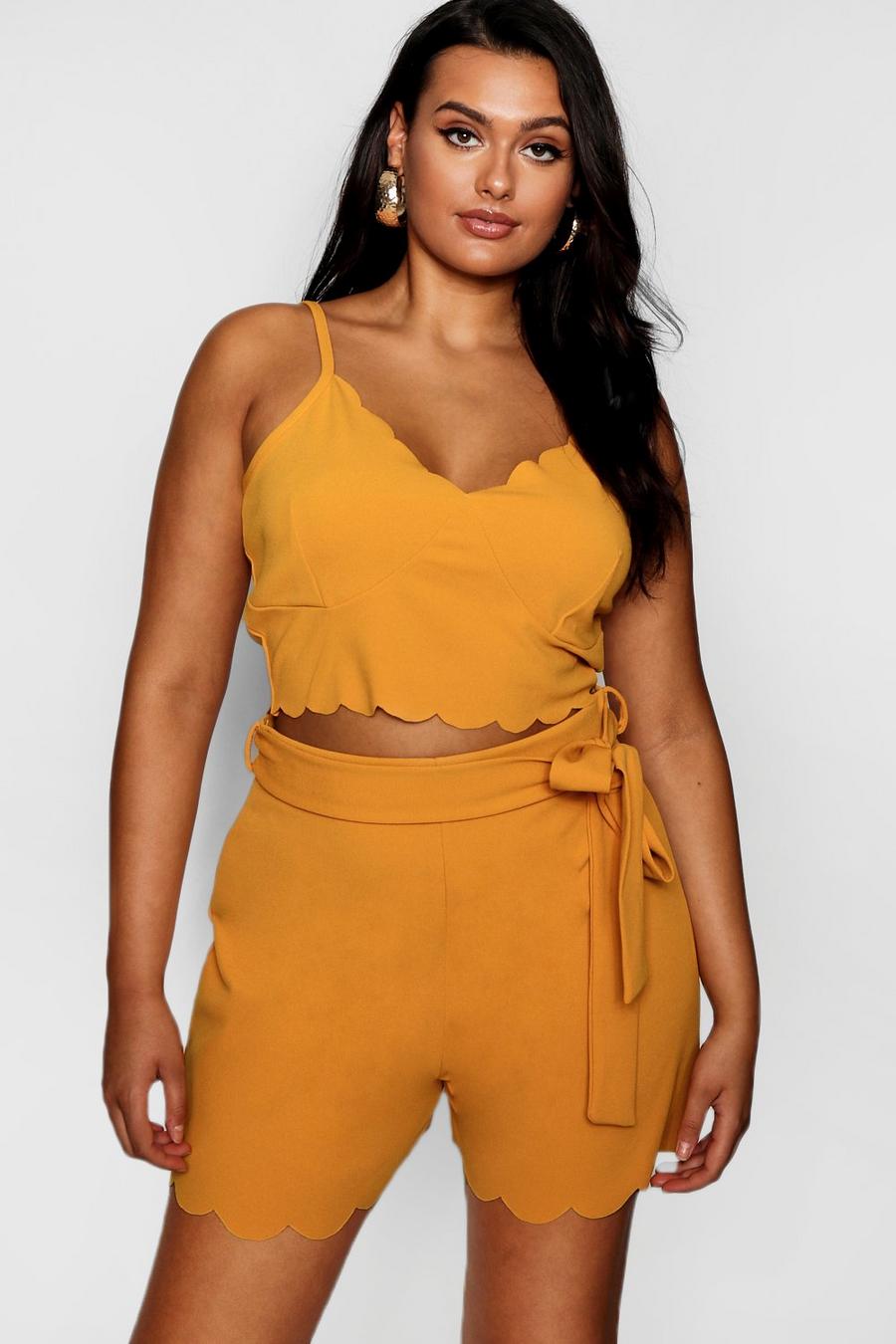 Mustard Plus Crepe Scallop Bralet + Short Two-Piece image number 1