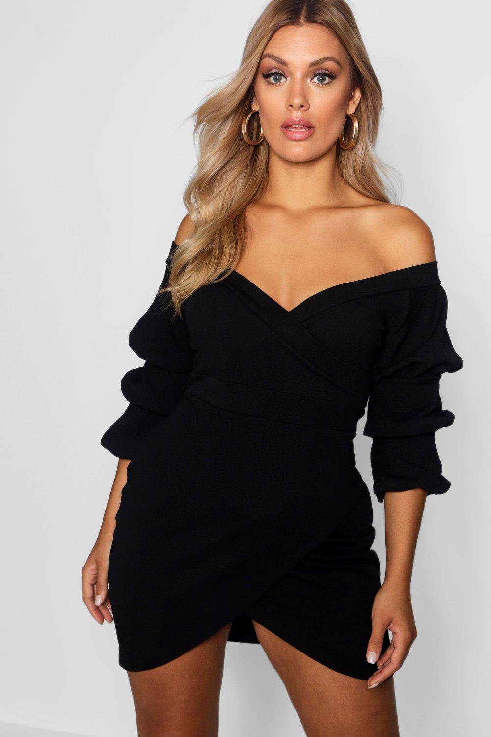 boohoo plus off the shoulder wrap dress