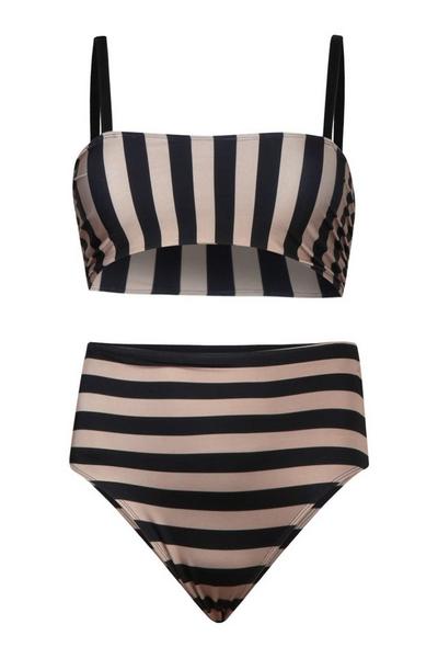 boohoo black Plus Tonal Stripe Bow High Waisted Bikini Set
