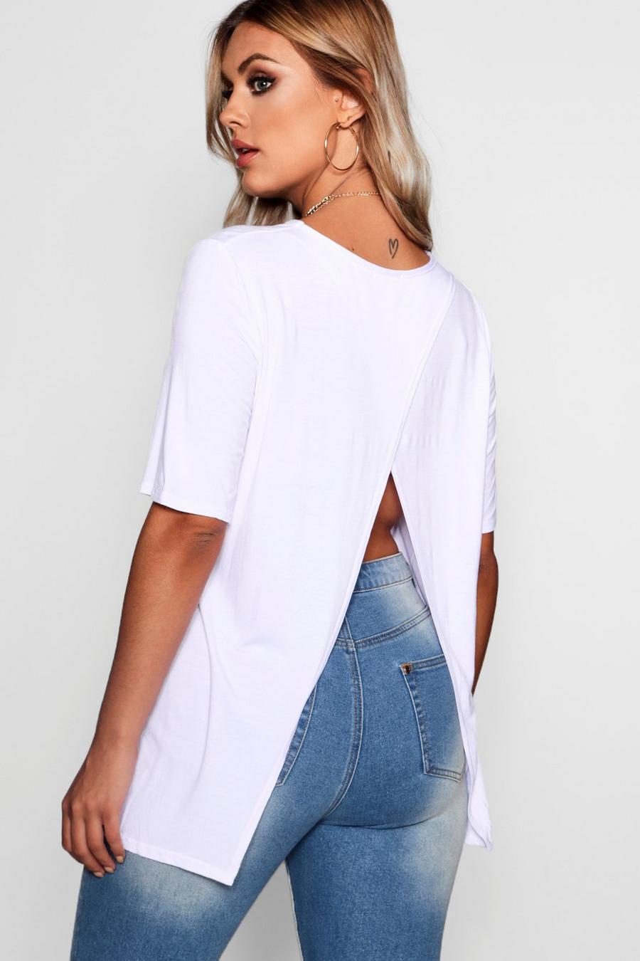 T-shirt Plus Size in jersey aperta sul retro con spacco, White