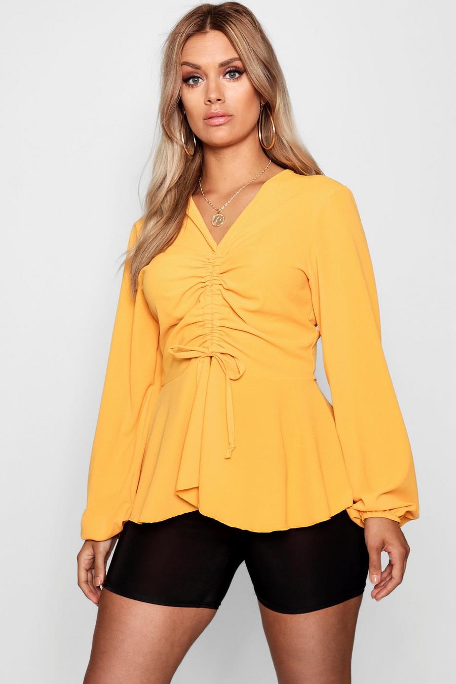 Mustard yellow Plus  Woven Ruched Front Peplum Smock Top