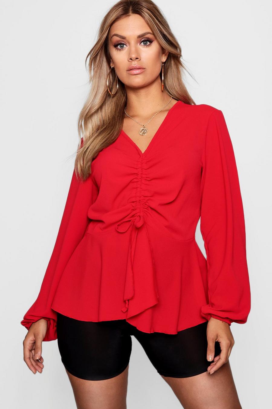 Red Plus  Woven Ruched Front Peplum Smock Top image number 1