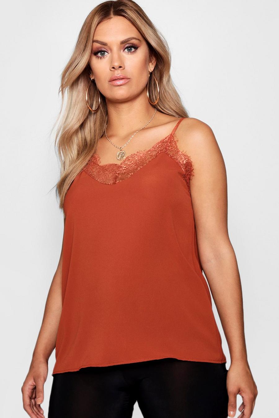Tobacco brown Plus Lace Detail Woven Cami Top