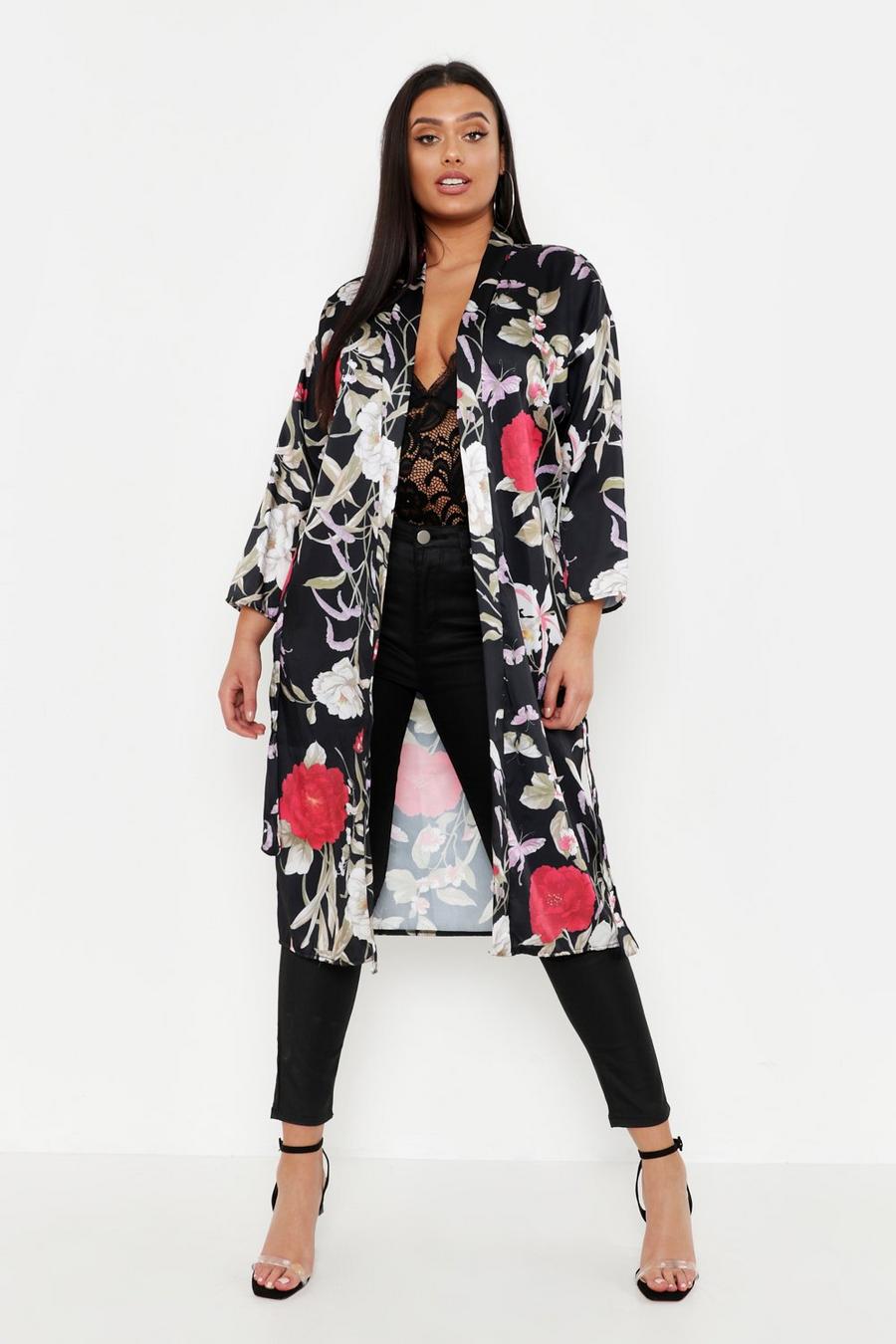 Black Plus Floral Kimono