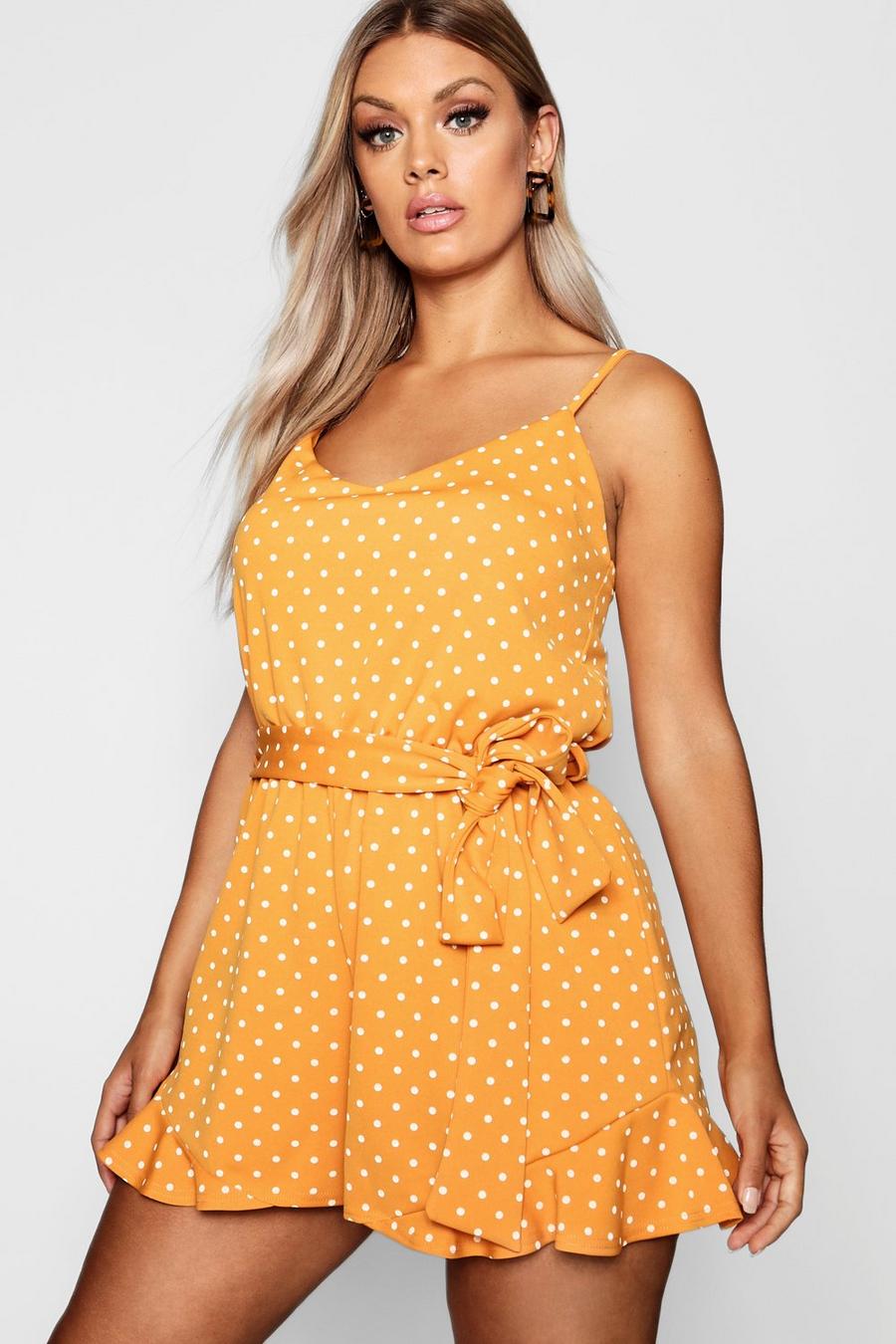 Mustard Plus Spot Print Ruffle Hem Playsuit image number 1