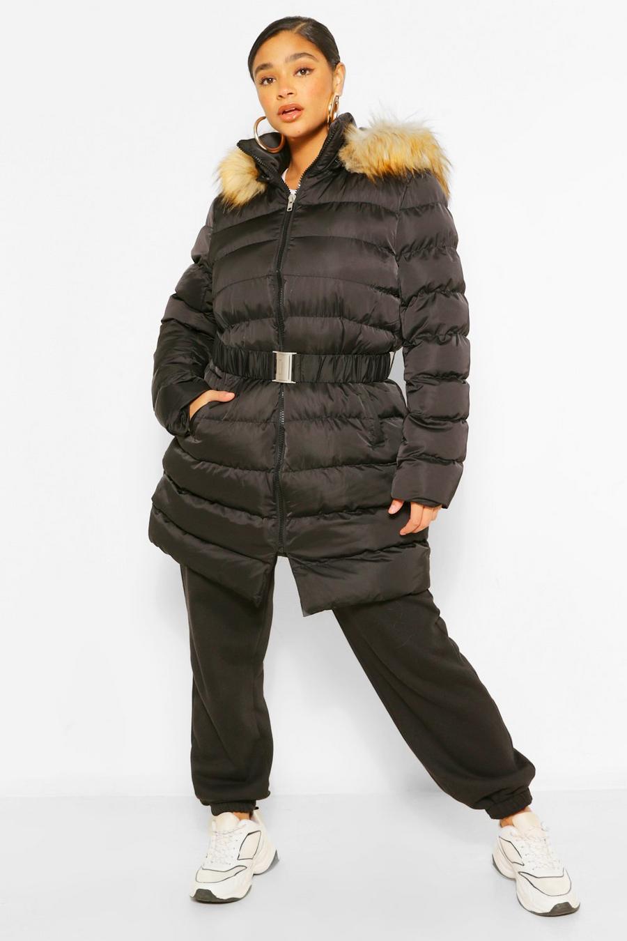Plus cappotto piumino lungo con cappuccio in pelliccia sintetica con cintura, Nero image number 1