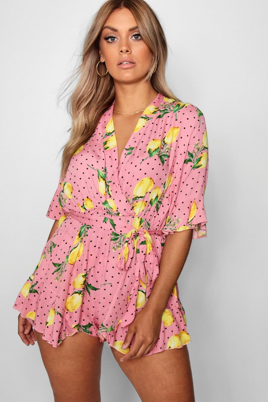 Pink Plus Lemon Polka Dot Wrap Ruffle Romper image number 1