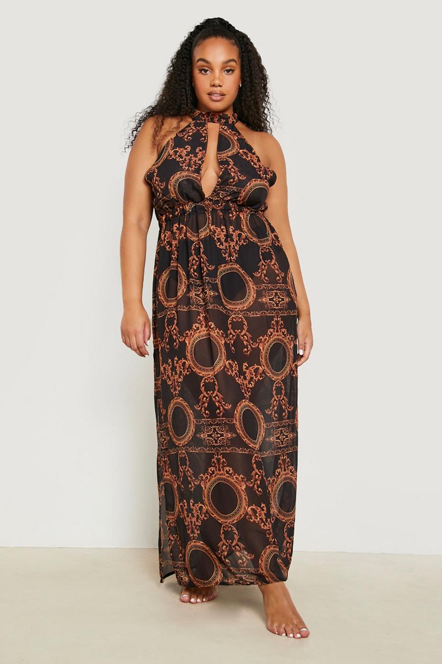 שחור שמלת חוף מקסי עם הדפס שרשרת מידות גדולות image number 1