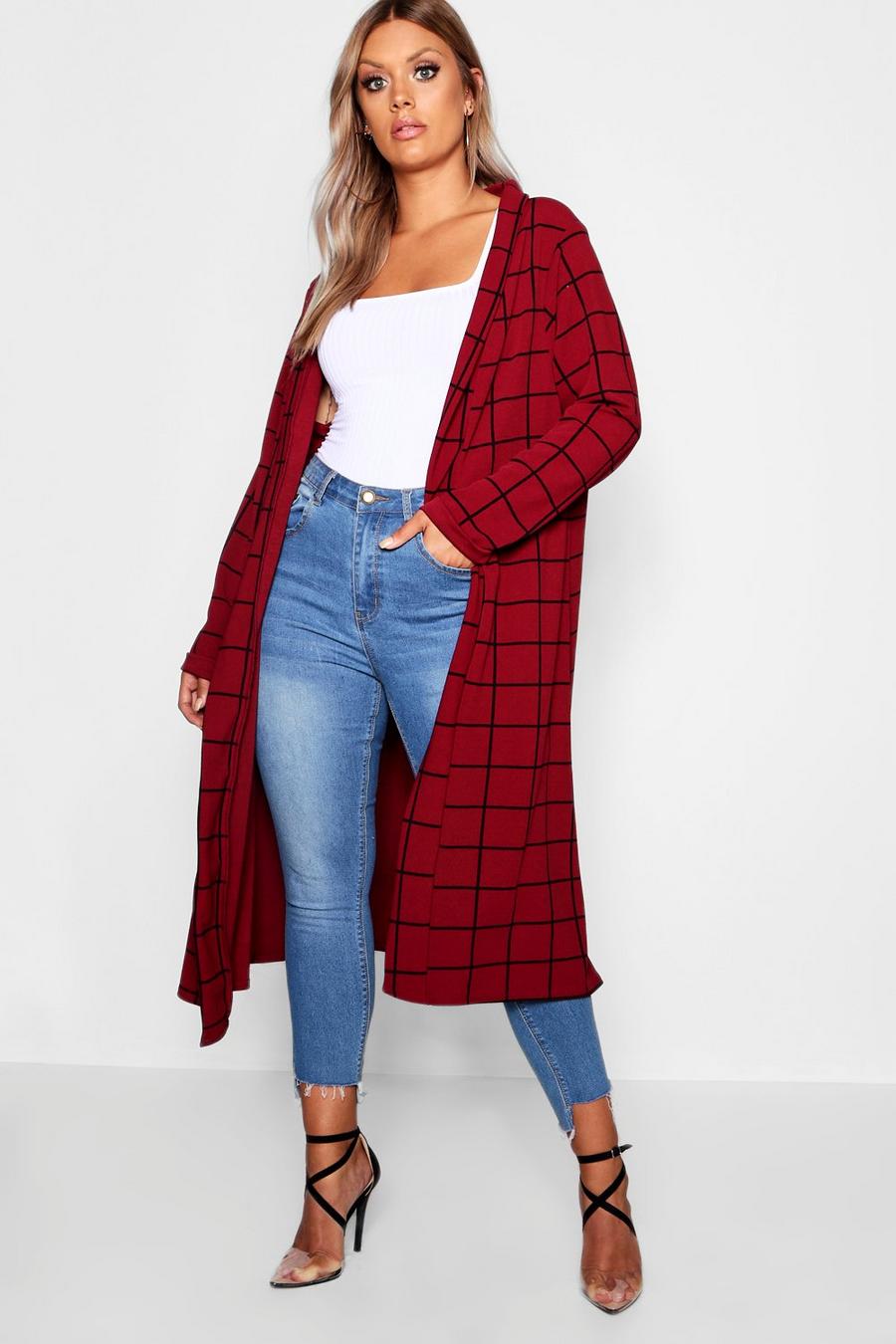 Berry red Plus Windowpane Check Duster Coat