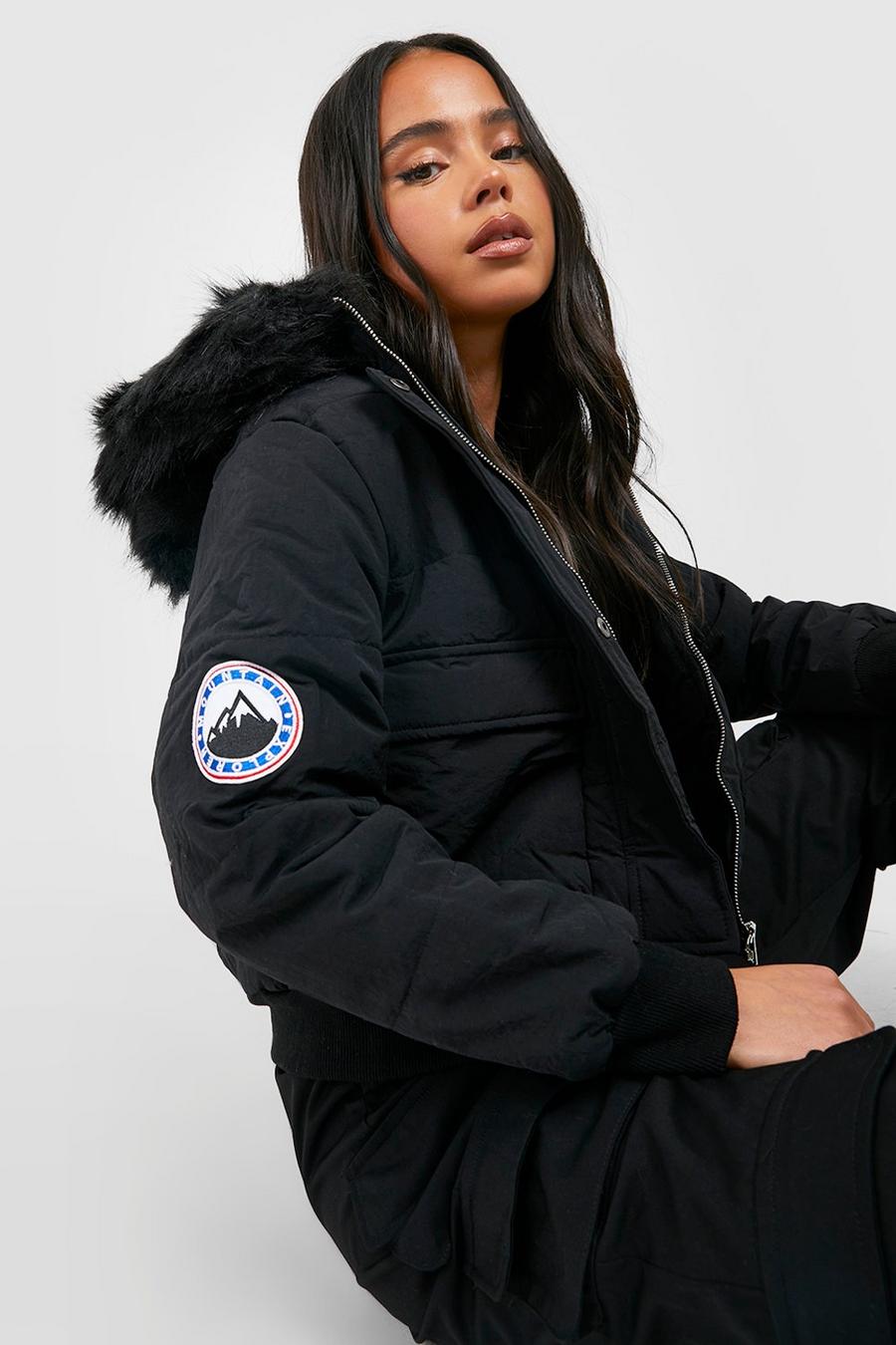 Black Petite Luxe Faux Fur Hood Sporty Cropped Coat
