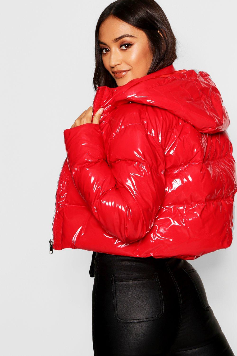 Hooded crop cheap high shine coat