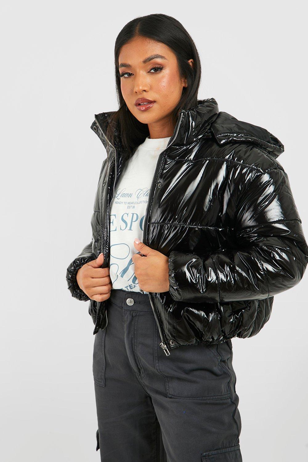 Hooded crop cheap high shine coat