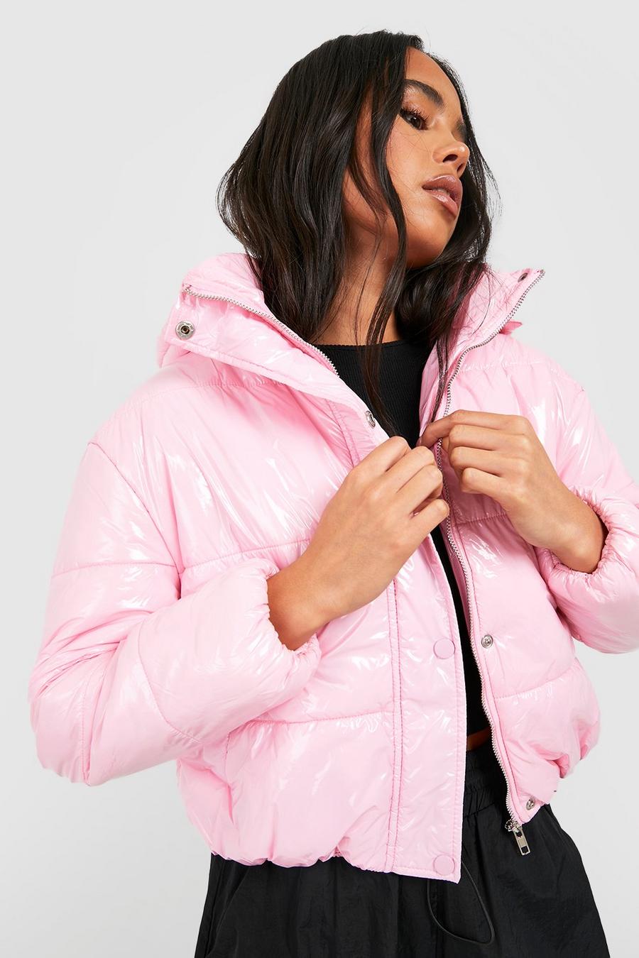 Pale pink Petite Hooded Crop High Shine Coat