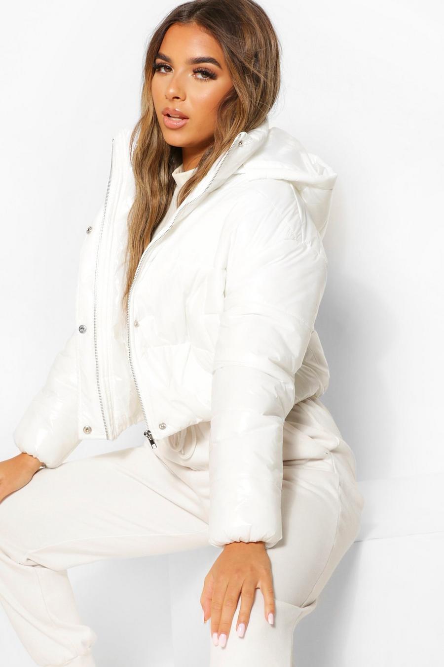 White Petite Hooded Crop High Shine Coat image number 1