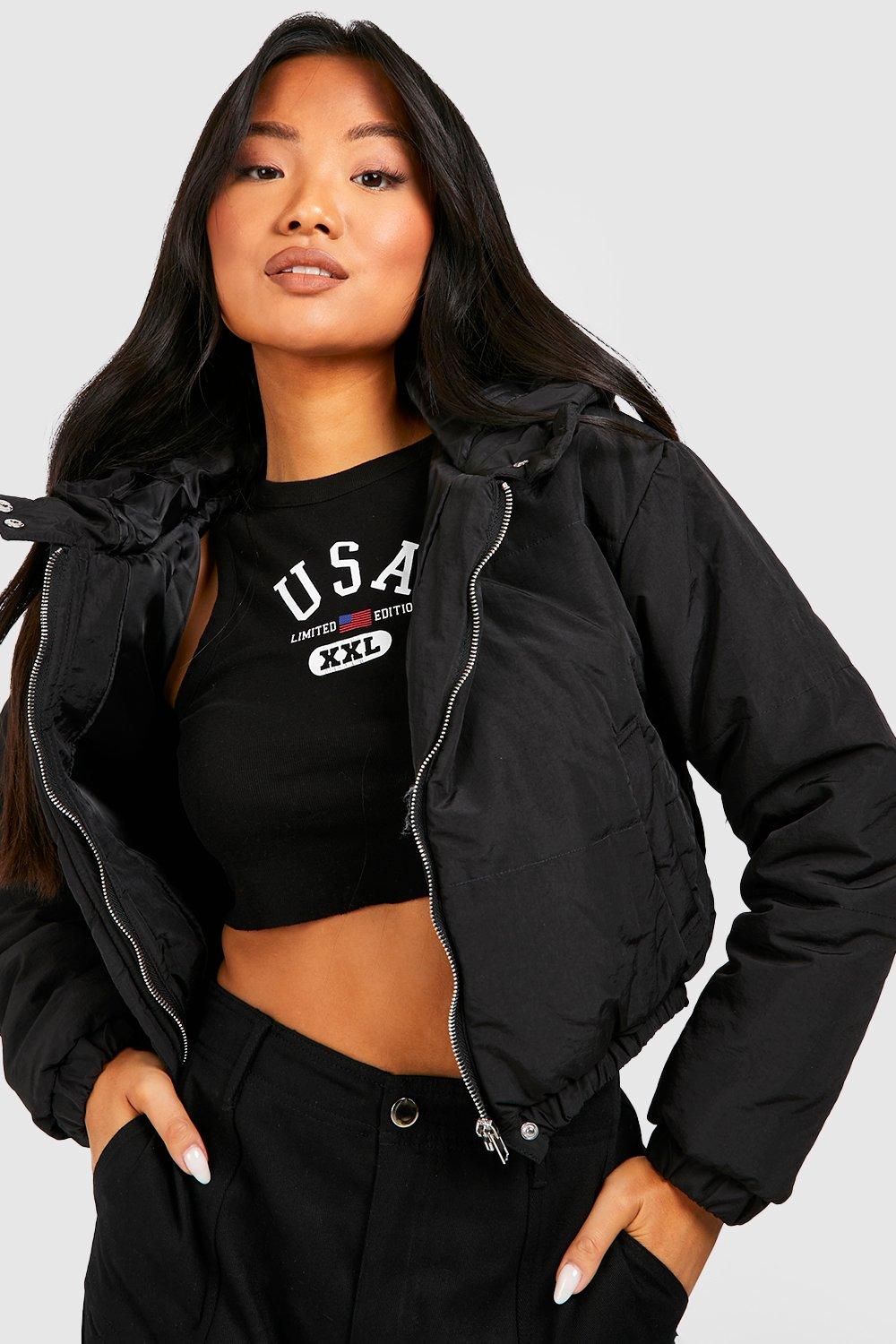 Black Basic Hooded Cropped Puffer