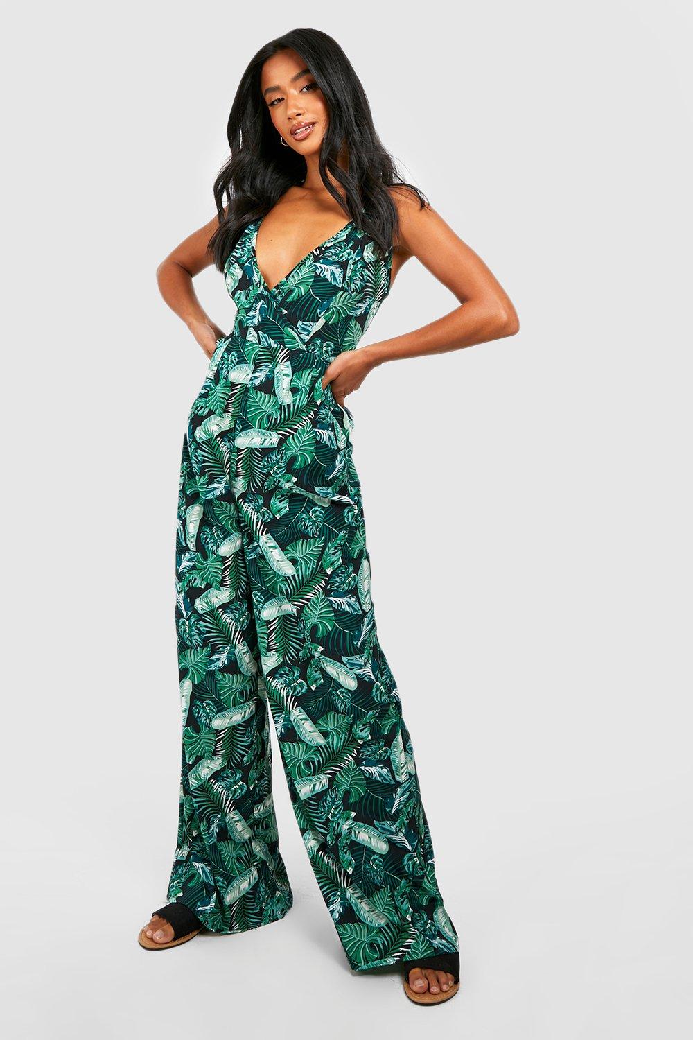 Petite Palm Print Wrap Front Jumpsuit