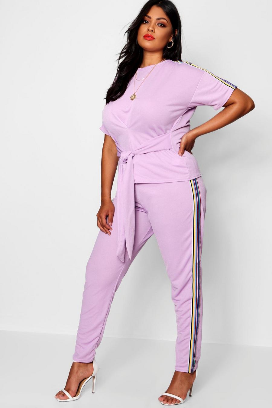 Lilac Plus Side Tape Tie Top + Track Pant Set image number 1