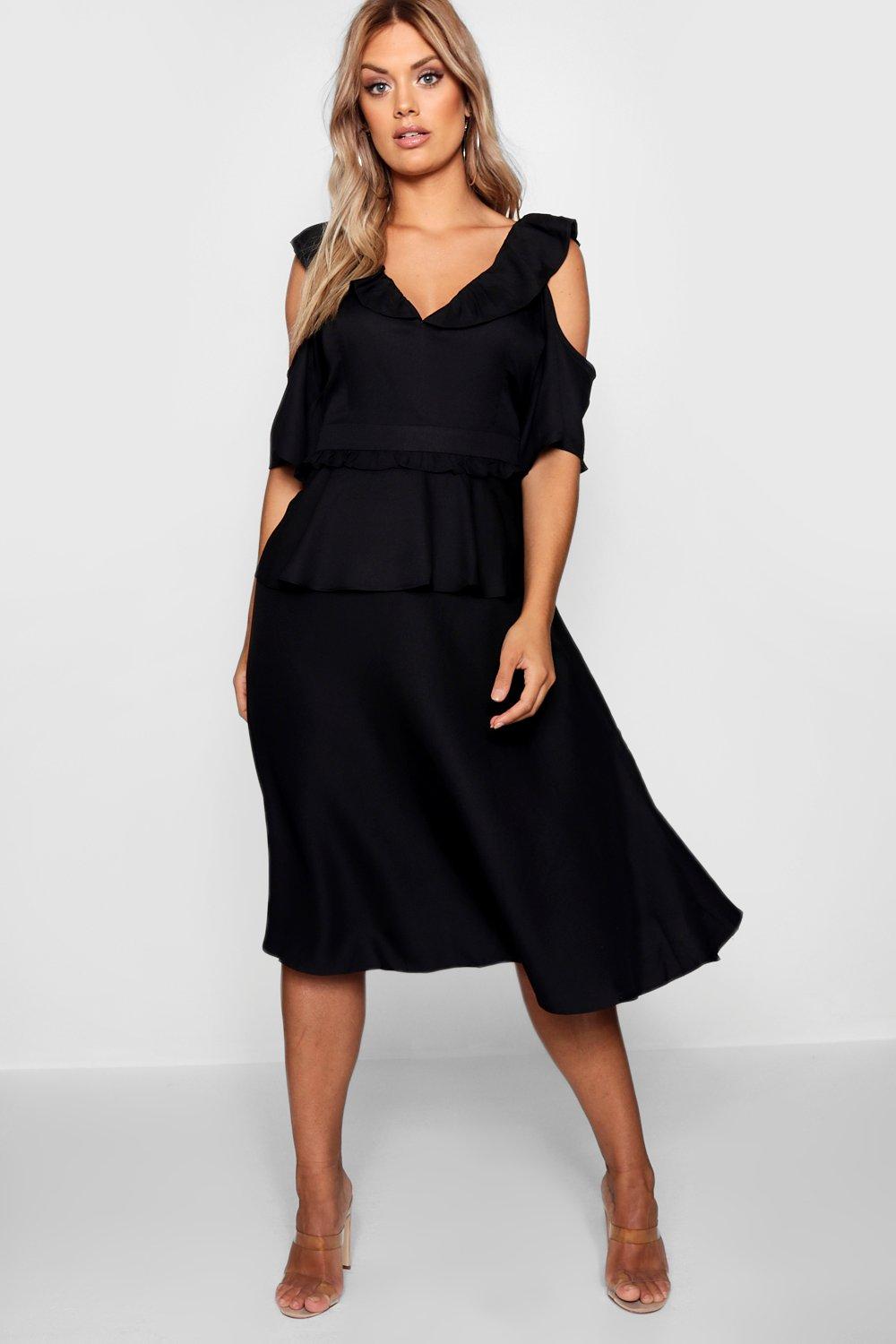 black cold shoulder midi dress