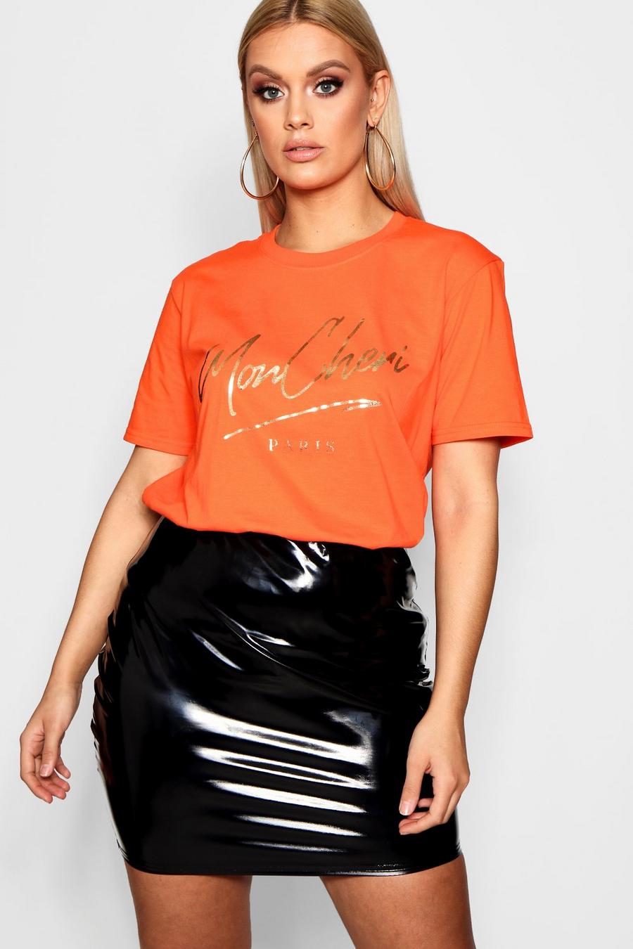 T-shirt Plus con scritta Mon Cherie a stampa laminata, Arancio image number 1