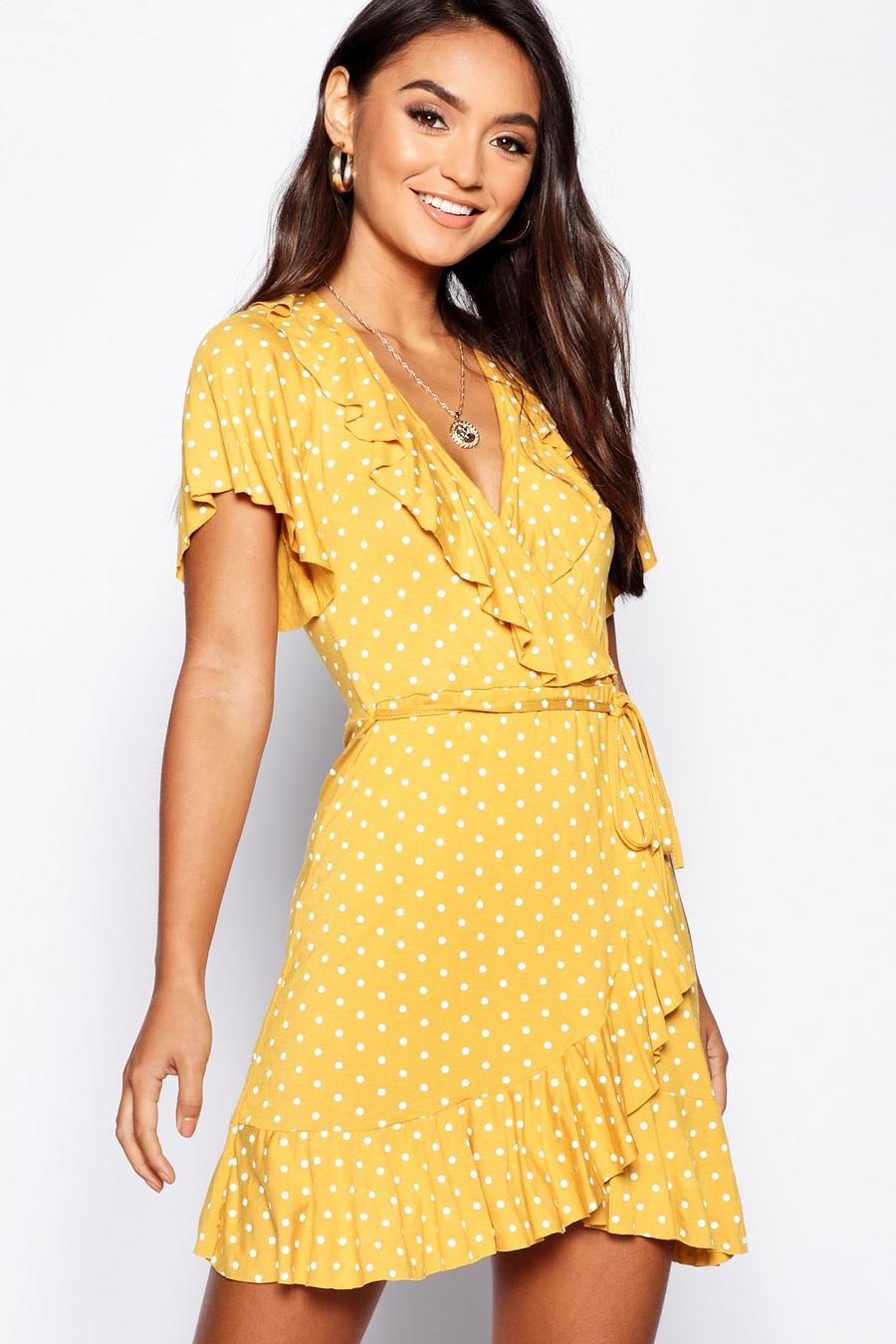 Mustard Petite Polka Dot Ruffle Wrap Tea Dress image number 1
