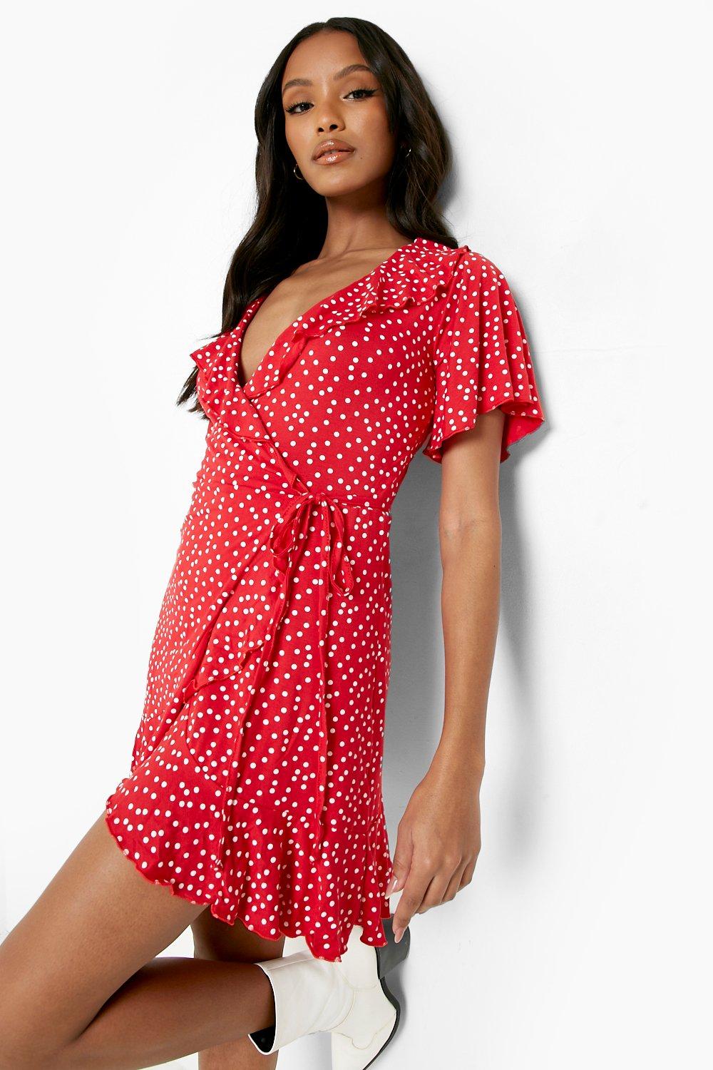 red polka dot ruffle wrap dress