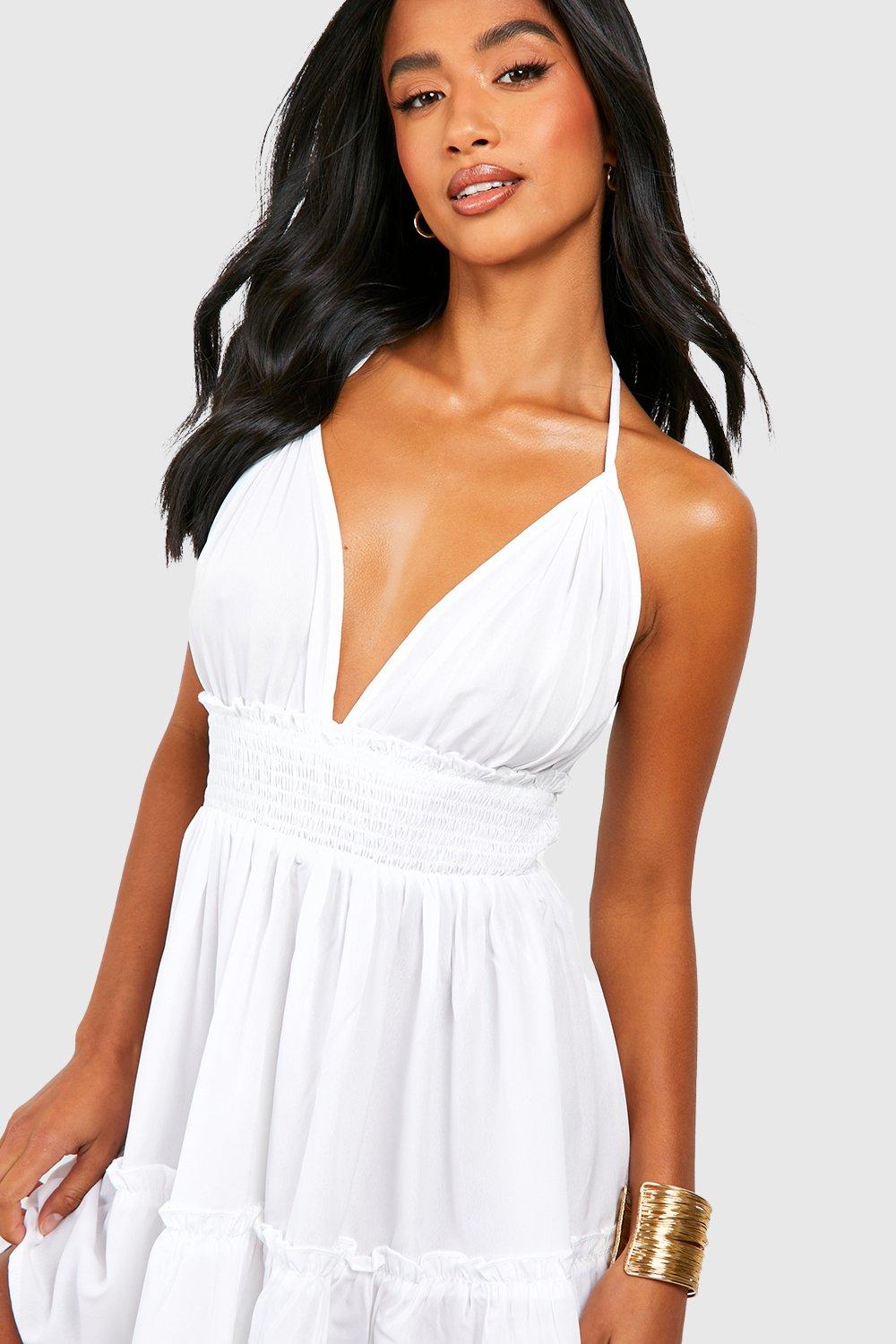 Petite Ruched Waist Frill Halter Neck Beach Dress